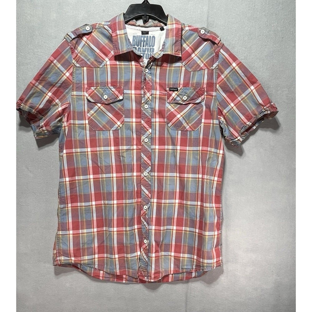 Buffalo David Bitton Mens XL/TG Red Blue Plaid Short Sleeve Western Shirt Cotton